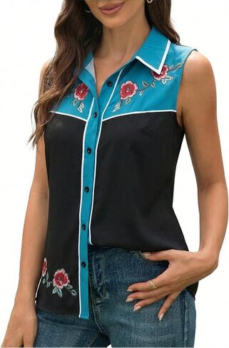 Western Shirts for Women Cowgirl Sleeveless Tank Tops Floral Print Cowboy Shirt Retro Casual Blouses in Saudi Arabia