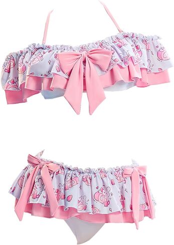 Micotaku Women's Cute Sweet Fruit Ruffled Bikini Set, Pink Bow Lace Trim Kawaii Swimwear in Saudi Arabia