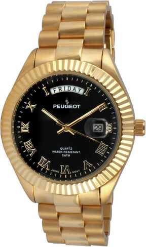 Peugeot 14K All Gold Plated Big Face Luxury Watch with Day Date Windows, Roman Numerals & Coin Edge Fluted Bezel Watch in Saudi Arabia