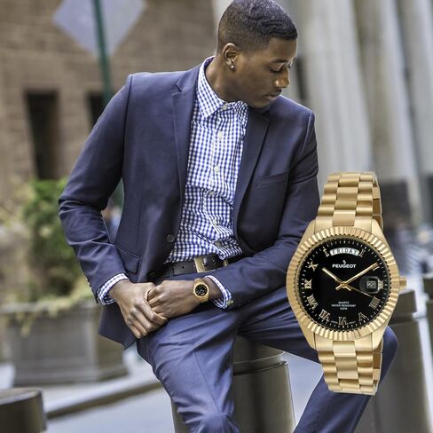Peugeot 14K All Gold Plated Big Face Luxury Watch with Day Date Windows, Roman Numerals & Coin Edge Fluted Bezel Watch in Saudi Arabia