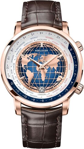 AGELOCER Mechanical Automatic Watch for Men, Blue Planet/Sapphire Mirror/Leather Strap/World Time Business Wrist Watches in Kuwait