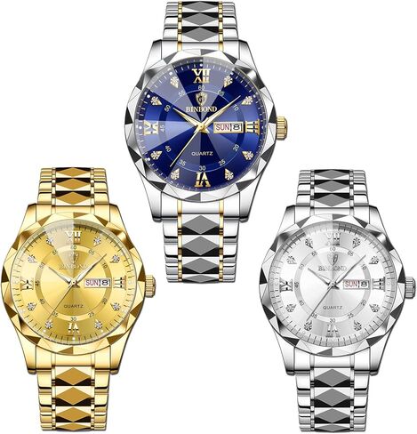 مجموعة من 3 ساعات رجالية من الفولاذ المقاوم للصدأ فستان عمل كاجوال تناظري كوارتز مقاوم للماء وتاريخ مضيء ساعة كرونوغراف فاخرة من الألماس للرجال in Kuwait