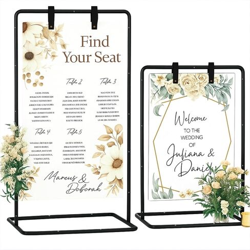 2PCS Welcome Sign Stand, Adjustable Sign Holder Stand w/ Poster Design Templates & Leather Straps, Heavy Duty Metal Easel for Wedding, Bridal Shower Baby, Birthday Party, 68" x 30" x 20" in Kuwait