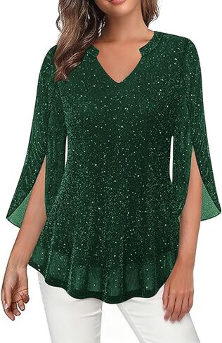 Womens 3/4 Ruffle Sleeve Sequin Tops Dressy Casual V Neck Sparkly Shirts Holiday Party Fashion Novelty Glitter Blouse in Kuwait