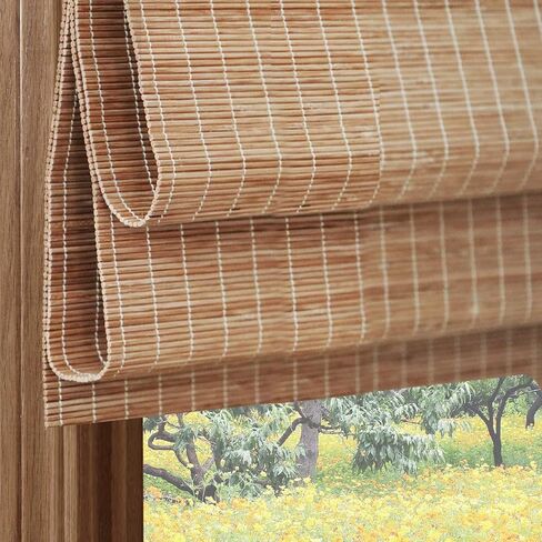 PASSENGER PIGEON Cordless Bamboo Roman Shades, Indoor Used Blackout Natural Bamboo Roman Blinds with Valance, UV Protection Light Filtering Wood Shade for Windows, Doors, Sliding Door, Dark Brown in Saudi Arabia