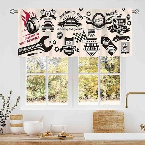 Garage Curtain Valance, Retro Vintage Man Cave Repair Vehicle Garage Tools Workshop Car Room Decor Small Short Window Curtains for Boys Teen Living Room Bedroom Cabinet Cafe Bathroom, 54"x18" Inch in Saudi Arabia