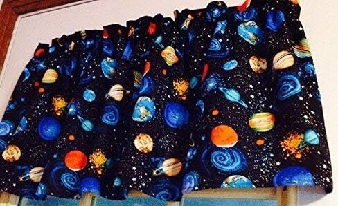 ستارة نافذة سوداء مصنوعة يدويًا مقاس 14 بوصة طويلة × 42 بوصة واسعة غير مبطنة ستارة نافذة للفضاء الخارجي ونجوم السماء والقمر جالاكسي 100% نسيج قطن in Saudi Arabia