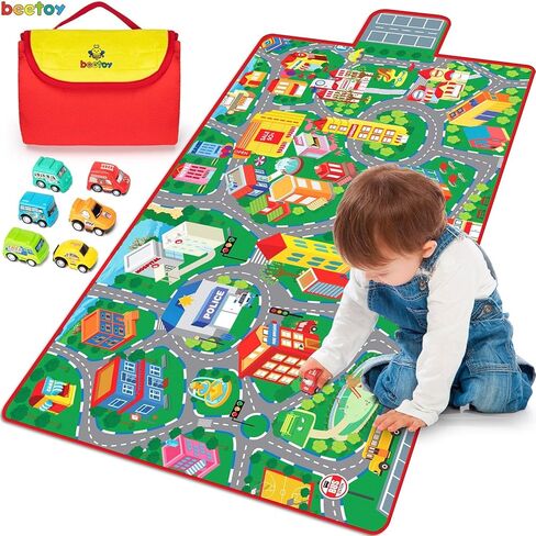 beetoy Car Rug, 31.5"X67" Play Mat with Roads for Kids - Portable, Anti-Slip, Educational City Life Traffic Carpet for 6 Toy Cars in Kuwait