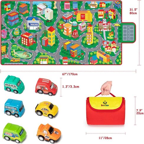 beetoy Car Rug, 31.5"X67" Play Mat with Roads for Kids - Portable, Anti-Slip, Educational City Life Traffic Carpet for 6 Toy Cars in Kuwait