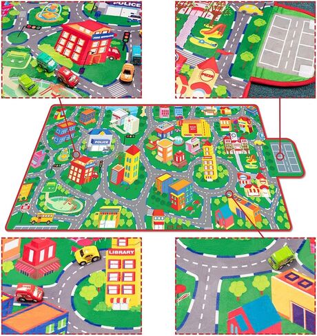 beetoy Car Rug, 31.5"X67" Play Mat with Roads for Kids - Portable, Anti-Slip, Educational City Life Traffic Carpet for 6 Toy Cars in Kuwait
