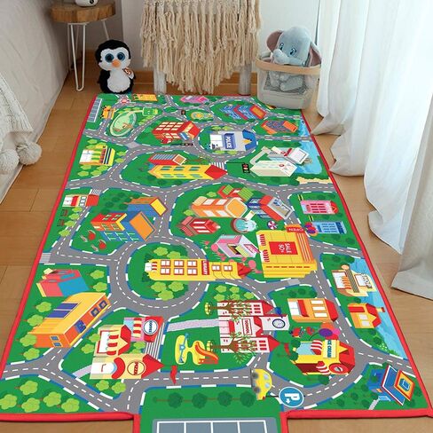 beetoy Car Rug, 31.5"X67" Play Mat with Roads for Kids - Portable, Anti-Slip, Educational City Life Traffic Carpet for 6 Toy Cars in Kuwait