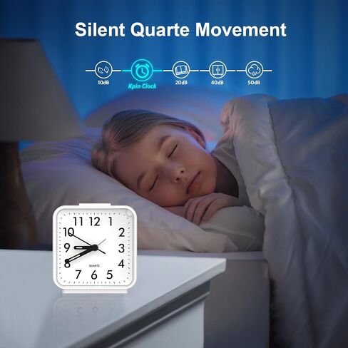 Analog Alarm Clock, Silent Non Ticking Table Clocks, Travel Bedside Clock with Snooze, Night Light, Ascending Beep Sounds, Battery Operated Loud Small Clocks for Bedroom Travel Office, White in Saudi Arabia