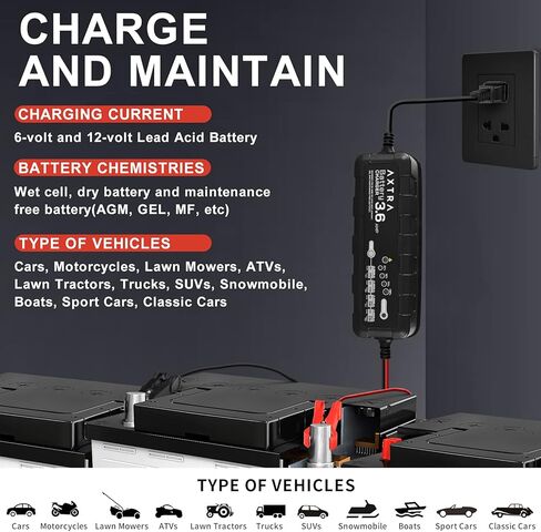 شاحن بطارية السيارة AXTRA 6V و12V، جهاز صيانة البطارية الذكي الأوتوماتيكي بالكامل 3.6 أمبير للسيارة، سيارات الدفع الرباعي، الشاحنات، الدراجات النارية، القوارب، RV، جرارات العشب، ATV - (حمض الرصاص، AGM، مختوم، جل، SLA، مغمور) in Kuwait