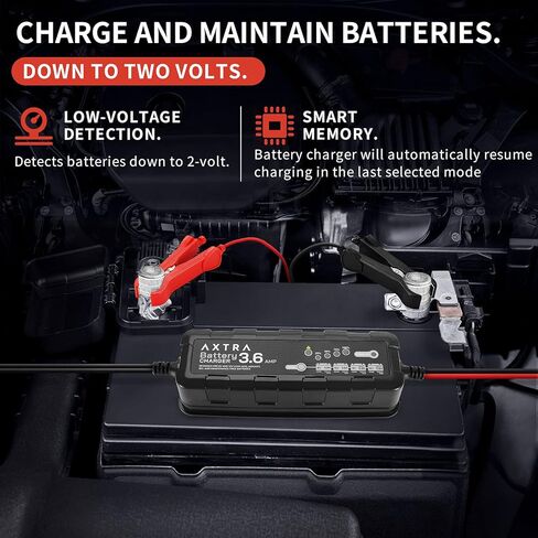 شاحن بطارية السيارة AXTRA 6V و12V، جهاز صيانة البطارية الذكي الأوتوماتيكي بالكامل 3.6 أمبير للسيارة، سيارات الدفع الرباعي، الشاحنات، الدراجات النارية، القوارب، RV، جرارات العشب، ATV - (حمض الرصاص، AGM، مختوم، جل، SLA، مغمور) in Kuwait
