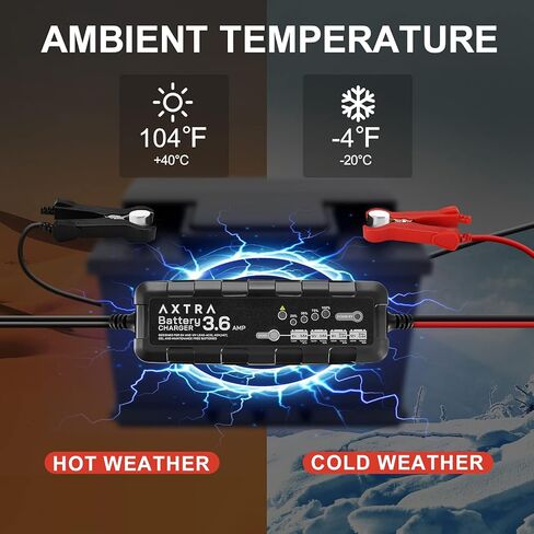 شاحن بطارية السيارة AXTRA 6V و12V، جهاز صيانة البطارية الذكي الأوتوماتيكي بالكامل 3.6 أمبير للسيارة، سيارات الدفع الرباعي، الشاحنات، الدراجات النارية، القوارب، RV، جرارات العشب، ATV - (حمض الرصاص، AGM، مختوم، جل، SLA، مغمور) in Kuwait