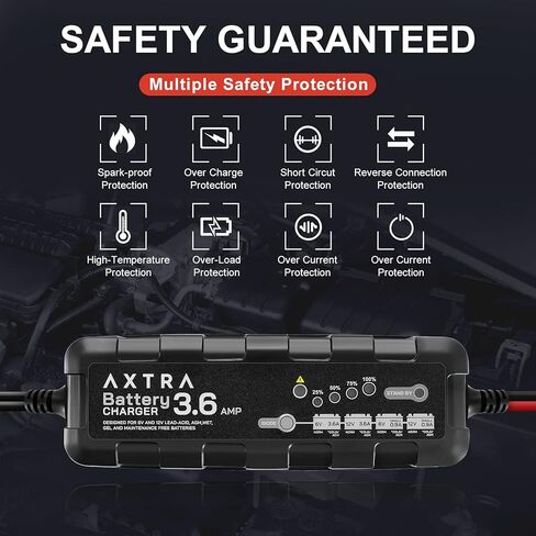 شاحن بطارية السيارة AXTRA 6V و12V، جهاز صيانة البطارية الذكي الأوتوماتيكي بالكامل 3.6 أمبير للسيارة، سيارات الدفع الرباعي، الشاحنات، الدراجات النارية، القوارب، RV، جرارات العشب، ATV - (حمض الرصاص، AGM، مختوم، جل، SLA، مغمور) in Kuwait