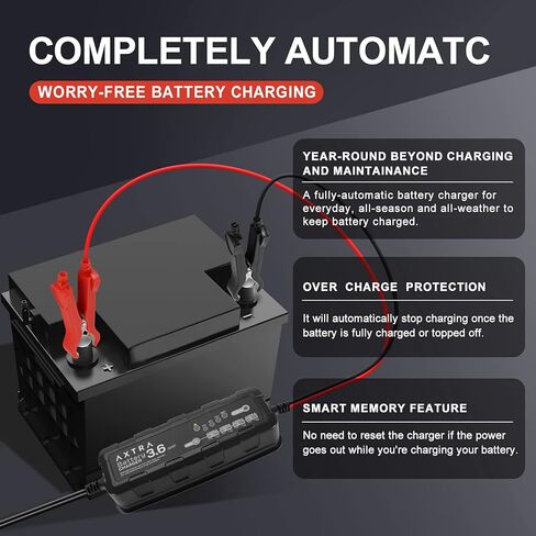 شاحن بطارية السيارة AXTRA 6V و12V، جهاز صيانة البطارية الذكي الأوتوماتيكي بالكامل 3.6 أمبير للسيارة، سيارات الدفع الرباعي، الشاحنات، الدراجات النارية، القوارب، RV، جرارات العشب، ATV - (حمض الرصاص، AGM، مختوم، جل، SLA، مغمور) in Kuwait