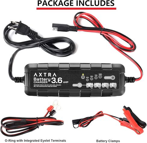 شاحن بطارية السيارة AXTRA 6V و12V، جهاز صيانة البطارية الذكي الأوتوماتيكي بالكامل 3.6 أمبير للسيارة، سيارات الدفع الرباعي، الشاحنات، الدراجات النارية، القوارب، RV، جرارات العشب، ATV - (حمض الرصاص، AGM، مختوم، جل، SLA، مغمور) in Kuwait