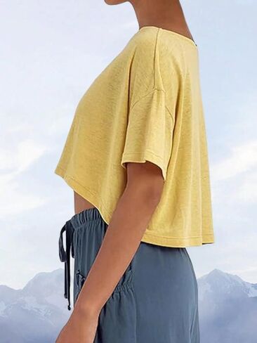 Womens Tops Short Sleeve Athletic Crop Tops Loose Fit Off The Shoulder Tees Crew Neck Summer Casual T-Shirts in Saudi Arabia