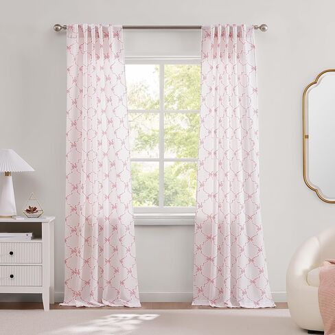 Laura Ashley Bow Ribbon Window Curtains with Rod Pocket, 84-inch Length, 2 Panels Set, Light Filtering, Pink in Saudi Arabia