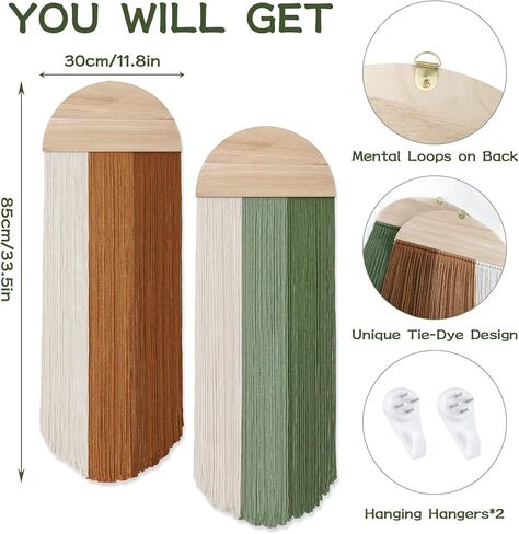 Dremisland Macrame Wall Hanging Boho Chic Home Decor 2PCS Handmade Round Tassel Yarn Tapestry Bohemian Green Brown Jellyfish Wall Art Decorations for Living Room Bedroom Nursery Backdrop 11.8''W x 33.5''L in Kuwait