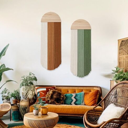 Dremisland Macrame Wall Hanging Boho Chic Home Decor 2PCS Handmade Round Tassel Yarn Tapestry Bohemian Green Brown Jellyfish Wall Art Decorations for Living Room Bedroom Nursery Backdrop 11.8''W x 33.5''L in Kuwait