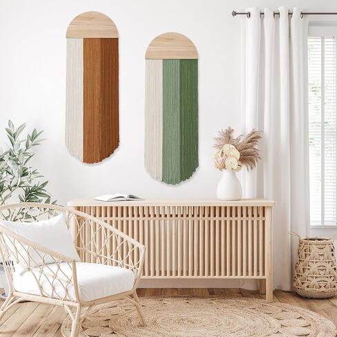 Dremisland Macrame Wall Hanging Boho Chic Home Decor 2PCS Handmade Round Tassel Yarn Tapestry Bohemian Green Brown Jellyfish Wall Art Decorations for Living Room Bedroom Nursery Backdrop 11.8''W x 33.5''L in Kuwait