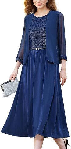 فستان رسمي، فساتين ضيوف حفلات الزفاف، فساتين أم العروس، فستان رسمي من قطعتين مزين بالترتر مع جاكيت بطول الشاي in Kuwait