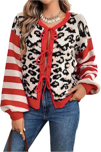 WDIRARA Women's Leopard Tie Front Cardigan Sweaters Striped Lantern Long Sleeve Knit Outerwear in Saudi Arabia