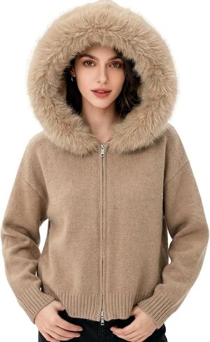 Yimoon Faux Fur Hooded Cardigan Sweaters for Women Open Front Zip Up Chunky Knit Cardigan with Fur Hood in Saudi Arabia