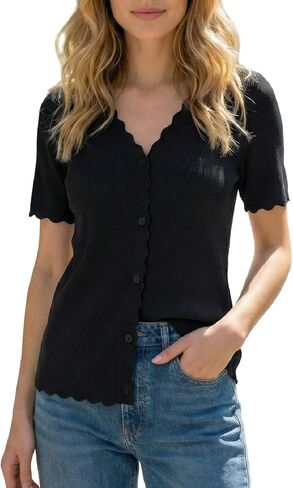 Newshows Women's Knit Scalloped Cardigan 2026 Summer Casual Button Down V Neck Short Sleeve Sweater in Saudi Arabia