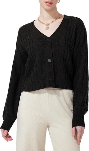 FASHIONSPARK Womens Cropped Cardigan Sweater V Neck Button Long Sleeve Lightweight Cable Knit Loose Fit Spring in Kuwait