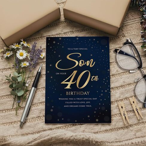 بطاقة عيد ميلاد الأربعين للابن - بطاقة تهنئة باللون الذهبي الداكن بحجم A5 مع آية مطبوعة - تصميم مميز مصنوع في المملكة المتحدة in Kuwait