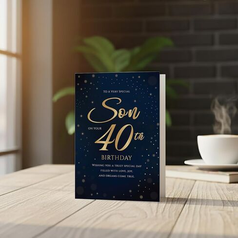 بطاقة عيد ميلاد الأربعين للابن - بطاقة تهنئة باللون الذهبي الداكن بحجم A5 مع آية مطبوعة - تصميم مميز مصنوع في المملكة المتحدة in Kuwait