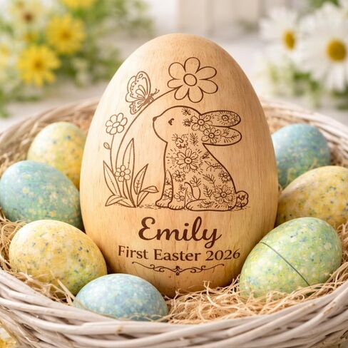 Personalized Wooden Easter Egg – Custom Engraved Bunny Name Egg, Baby First Easter Keepsake Gift, Rustic Wood Bunny Decor, Cute Basket Stuffer for Kids, Spring Holiday Gift for Baby Boy Girl in Saudi Arabia