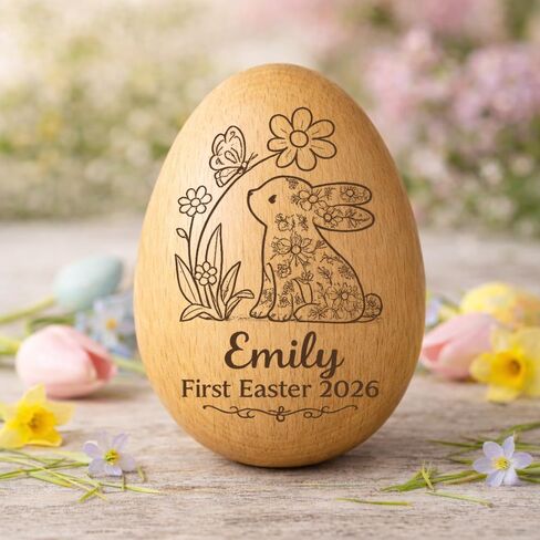 Personalized Wooden Easter Egg – Custom Engraved Bunny Name Egg, Baby First Easter Keepsake Gift, Rustic Wood Bunny Decor, Cute Basket Stuffer for Kids, Spring Holiday Gift for Baby Boy Girl in Saudi Arabia