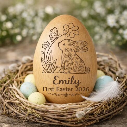 Personalized Wooden Easter Egg – Custom Engraved Bunny Name Egg, Baby First Easter Keepsake Gift, Rustic Wood Bunny Decor, Cute Basket Stuffer for Kids, Spring Holiday Gift for Baby Boy Girl in Saudi Arabia