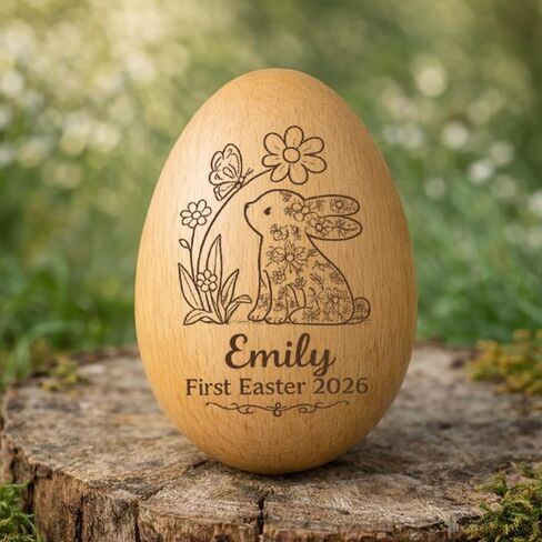 Personalized Wooden Easter Egg – Custom Engraved Bunny Name Egg, Baby First Easter Keepsake Gift, Rustic Wood Bunny Decor, Cute Basket Stuffer for Kids, Spring Holiday Gift for Baby Boy Girl in Saudi Arabia