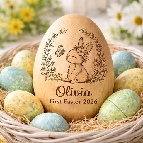 Personalized Wooden Easter Egg – Custom Engraved Bunny Name Egg, Baby First Easter Keepsake Gift, Rustic Wood Bunny Decor, Cute Basket Stuffer for Kids, Spring Holiday Gift for Baby Boy Girl in Saudi Arabia