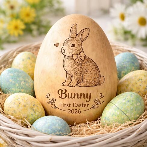 Personalized Wooden Easter Egg – Custom Engraved Bunny Name Egg, Baby First Easter Keepsake Gift, Rustic Wood Bunny Decor, Cute Basket Stuffer for Kids, Spring Holiday Gift for Baby Boy Girl in Saudi Arabia