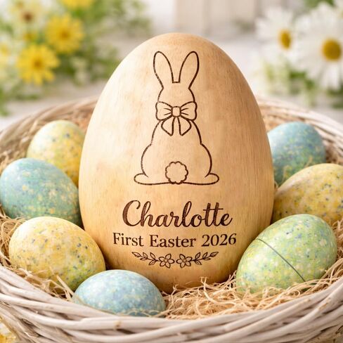 Personalized Wooden Easter Egg – Custom Engraved Bunny Name Egg, Baby First Easter Keepsake Gift, Rustic Wood Bunny Decor, Cute Basket Stuffer for Kids, Spring Holiday Gift for Baby Boy Girl in Saudi Arabia