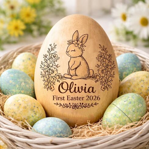 Personalized Wooden Easter Egg – Custom Engraved Bunny Name Egg, Baby First Easter Keepsake Gift, Rustic Wood Bunny Decor, Cute Basket Stuffer for Kids, Spring Holiday Gift for Baby Boy Girl in Saudi Arabia