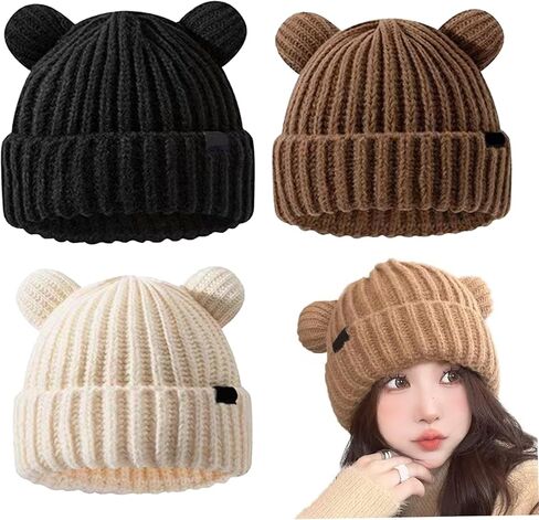 قبعة محبوكة 3 قطع قبعة شتوية لطيفة على شكل دب للجنسين، قبعات دافئة ناعمة مع آذان الدب، قبعة جمجمة للنساء والرجال، التزلج، ركوب الدراجات، Skullies Beanies in Kuwait