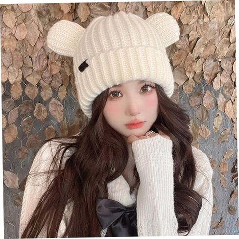 قبعة محبوكة 3 قطع قبعة شتوية لطيفة على شكل دب للجنسين، قبعات دافئة ناعمة مع آذان الدب، قبعة جمجمة للنساء والرجال، التزلج، ركوب الدراجات، Skullies Beanies in Kuwait