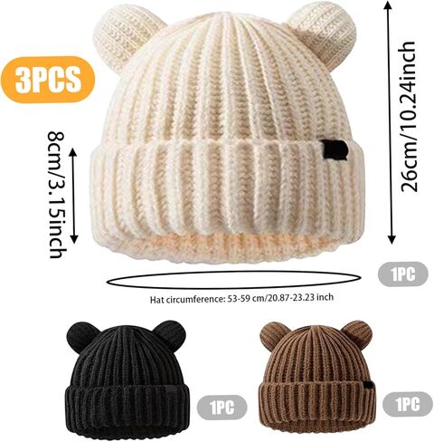 قبعة محبوكة 3 قطع قبعة شتوية لطيفة على شكل دب للجنسين، قبعات دافئة ناعمة مع آذان الدب، قبعة جمجمة للنساء والرجال، التزلج، ركوب الدراجات، Skullies Beanies in Kuwait