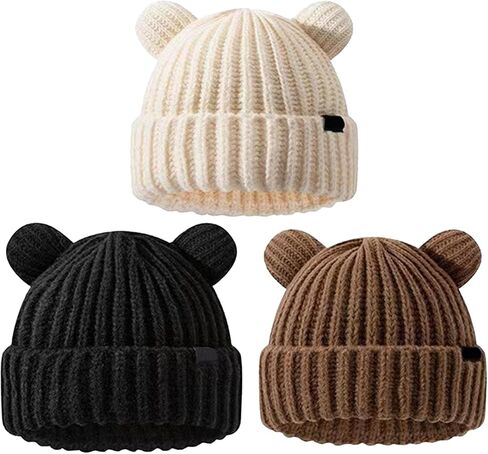 قبعة محبوكة 3 قطع قبعة شتوية لطيفة على شكل دب للجنسين، قبعات دافئة ناعمة مع آذان الدب، قبعة جمجمة للنساء والرجال، التزلج، ركوب الدراجات، Skullies Beanies in Kuwait