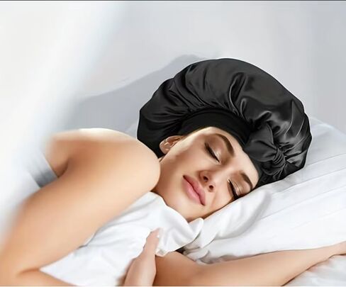 Women's Satin Sleep Cap, Solid Color Night Sleeping Hat - Black in Saudi Arabia