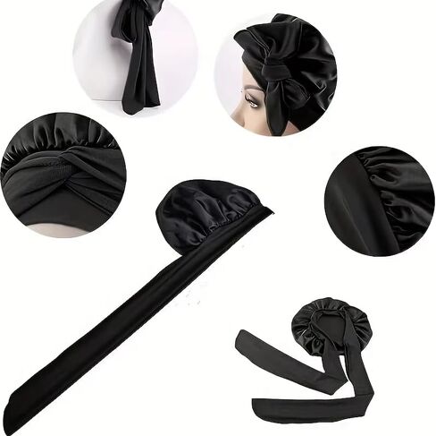Women's Satin Sleep Cap, Solid Color Night Sleeping Hat - Black in Saudi Arabia
