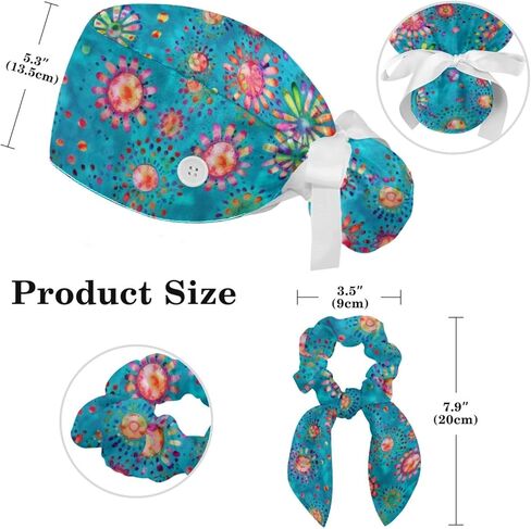 Scrub Caps Women, Surgical Caps with Buttons, Ponytail Nurse Hat, Bouffant Scrub Hats with Hair Scrunchy Adjustable, Turquoise Bohemian Tie-dye Colorful Dots Watercolor Vintage Cute in Kuwait