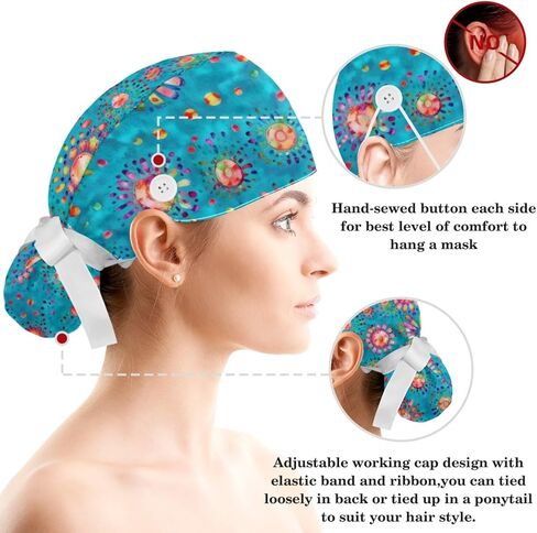 Scrub Caps Women, Surgical Caps with Buttons, Ponytail Nurse Hat, Bouffant Scrub Hats with Hair Scrunchy Adjustable, Turquoise Bohemian Tie-dye Colorful Dots Watercolor Vintage Cute in Kuwait